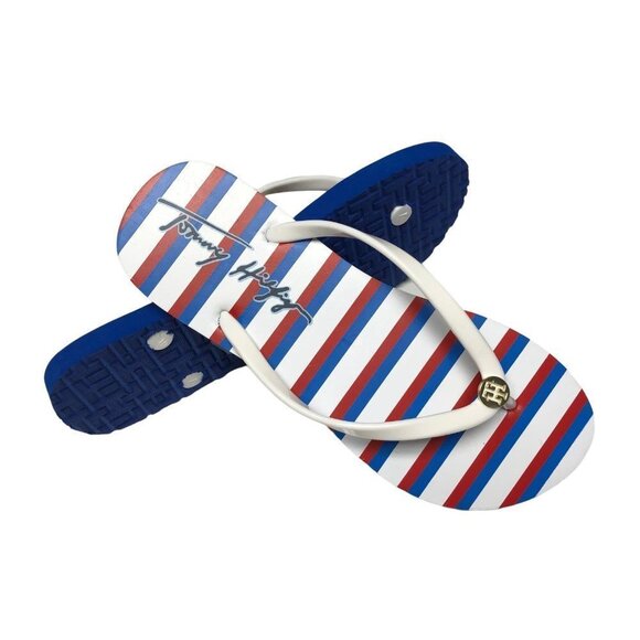 TOMMY HILFIGER TWBEHAN‎  RED WHITE & BLUE FLIP FLOPS THONG sz 9 - Picture 1 of 8